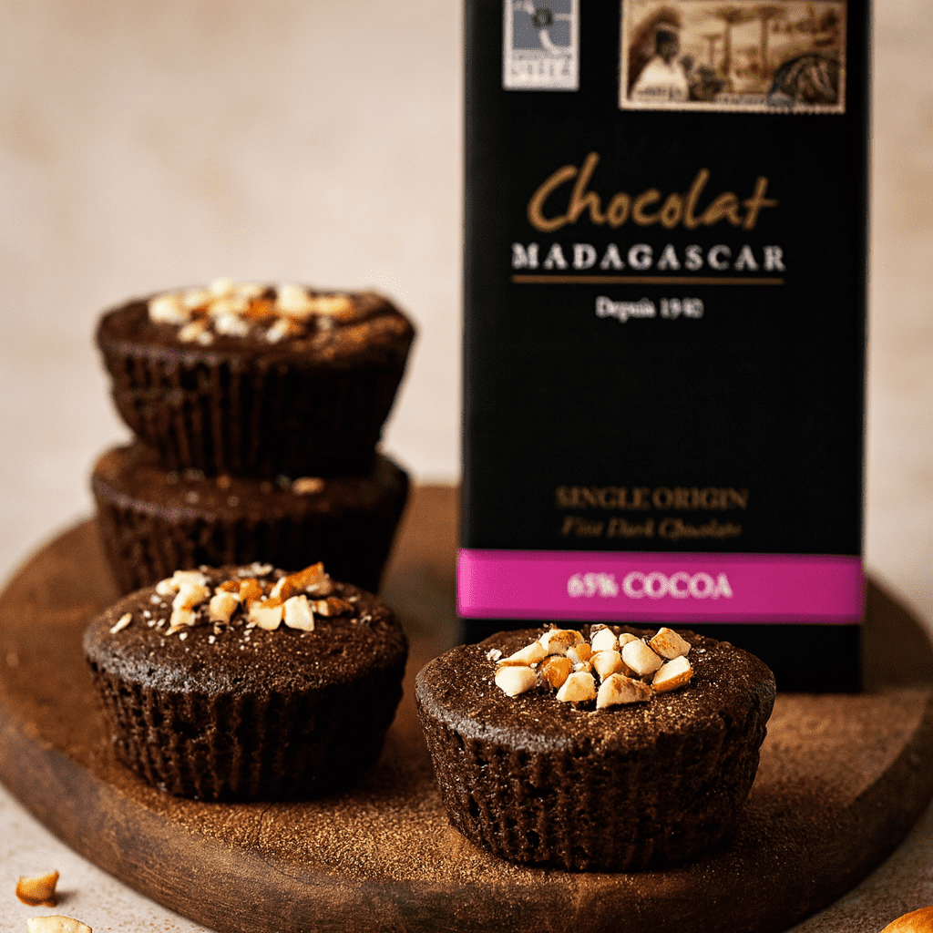 Freshly baked chocolate cupcakes topped with chopped nuts displayed on a wooden board, with a bar of Chocolat Madagascar 65% cocoa dark chocolate standing behind them as the main product focus.
